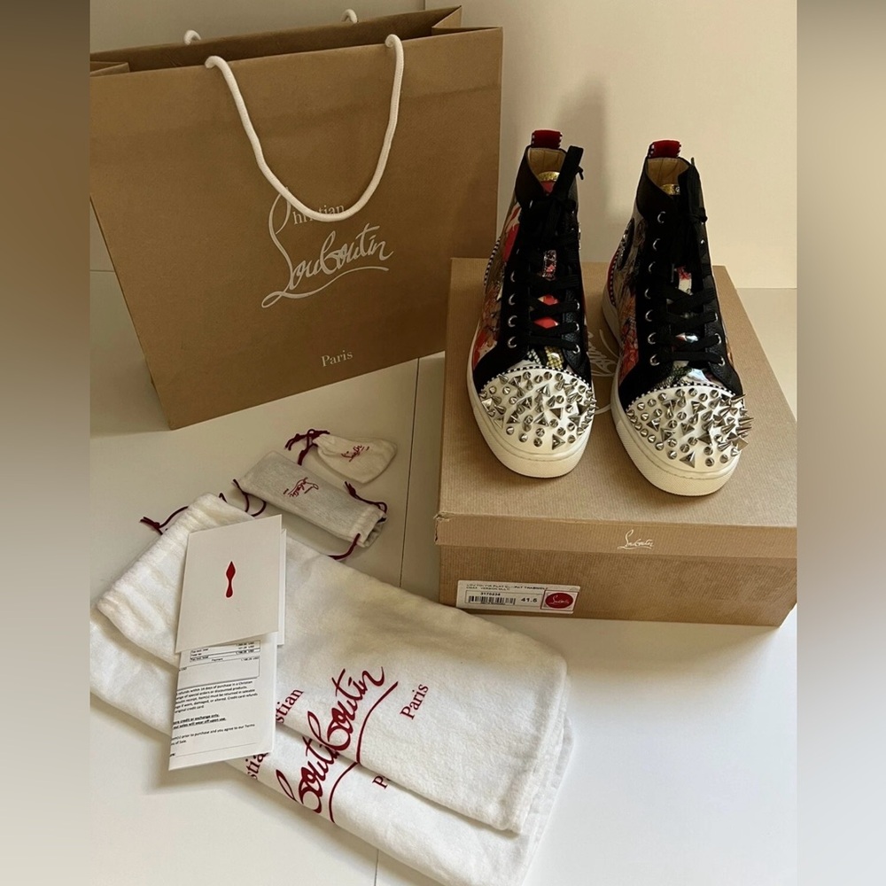 CHRISTIAN LOUBOUTIN ‘LOU PIK PIK’ Flat Spikes Graphic Trash Sneakers 41.5